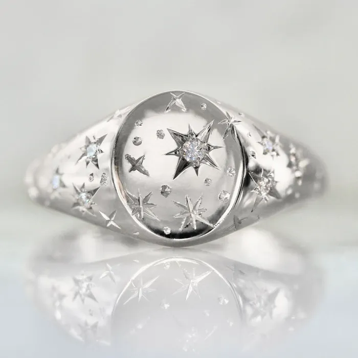 Made By Gem Breakfast Rings Orion Star Engraved Celestial Diamond Signet Ring