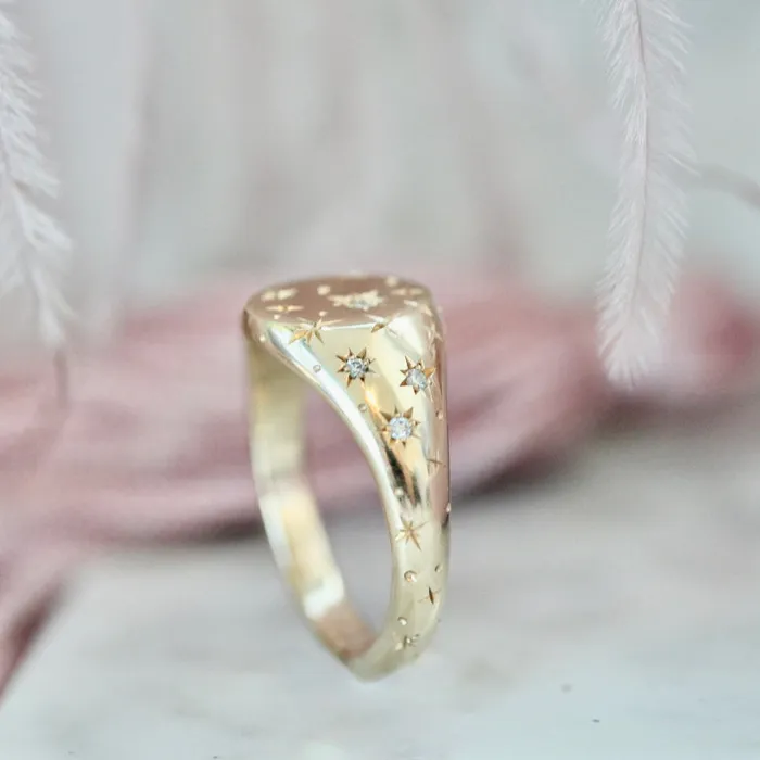 Made By Gem Breakfast Rings Orion Star Engraved Celestial Diamond Signet Ring