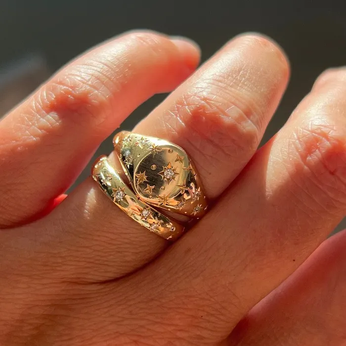 Made By Gem Breakfast Rings Orion Star Engraved Celestial Diamond Signet Ring
