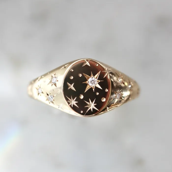 Made By Gem Breakfast Rings Orion Star Engraved Celestial Diamond Signet Ring