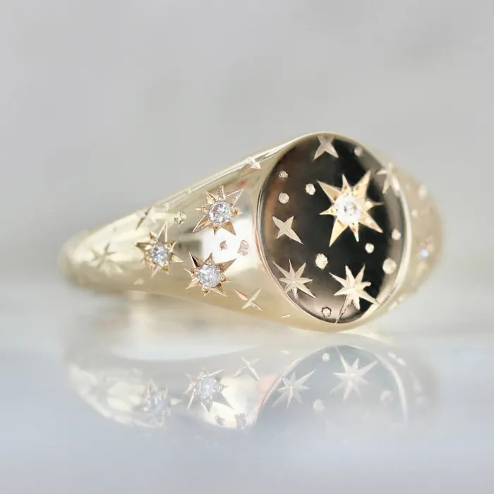 Made By Gem Breakfast Rings Orion Star Engraved Celestial Diamond Signet Ring