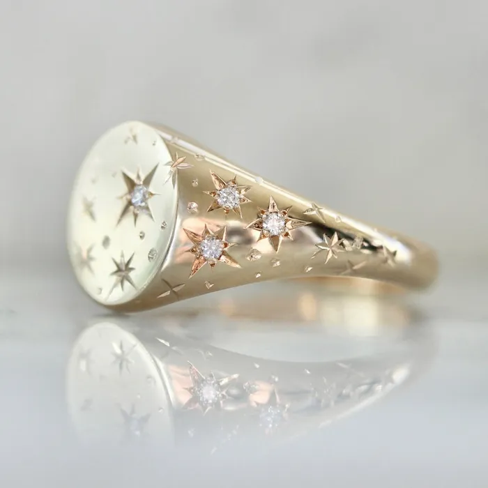 Made By Gem Breakfast Rings Orion Star Engraved Celestial Diamond Signet Ring