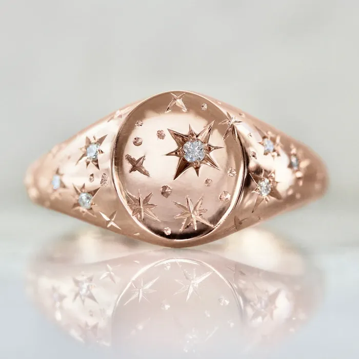 Made By Gem Breakfast Rings Orion Star Engraved Celestial Diamond Signet Ring