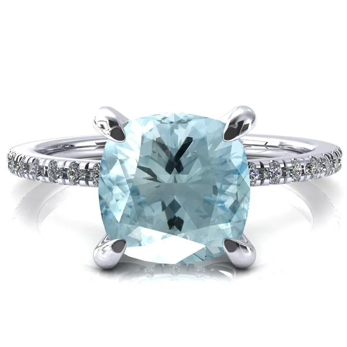 Mayeli Cushion Aqua Blue Spinel 4 Claw Prong Micro Pave Diamond Sides Engagement Ring Fire Brilliance Rings Mayeli Cushion Aqua Blue Spinel 4 Claw Prong Micro Pave Diamond Sides Engagement Ring Fire Brilliance Rings