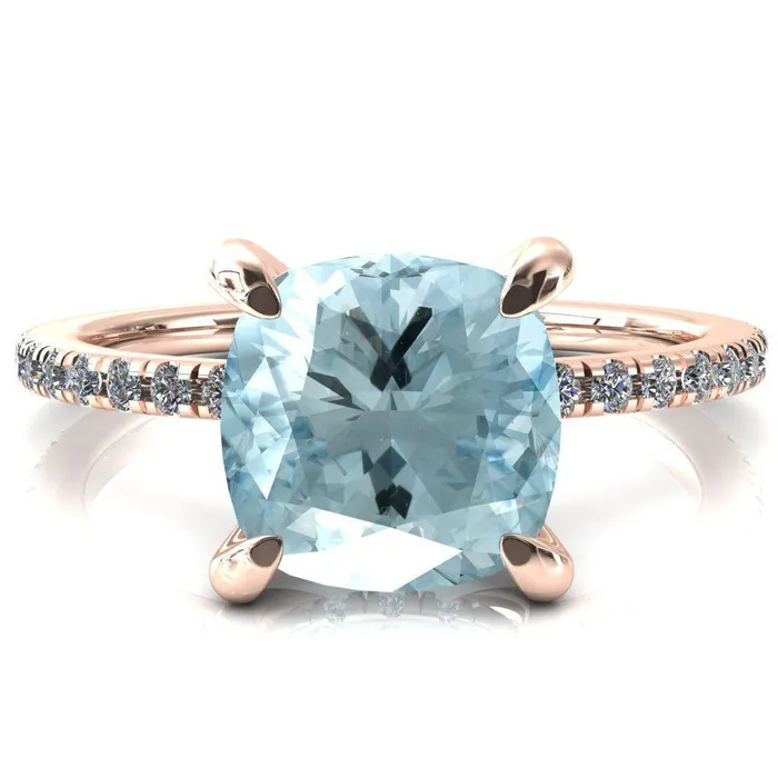 Mayeli Cushion Aqua Blue Spinel 4 Claw Prong Micro Pave Diamond Sides Engagement Ring Fire Brilliance Rings