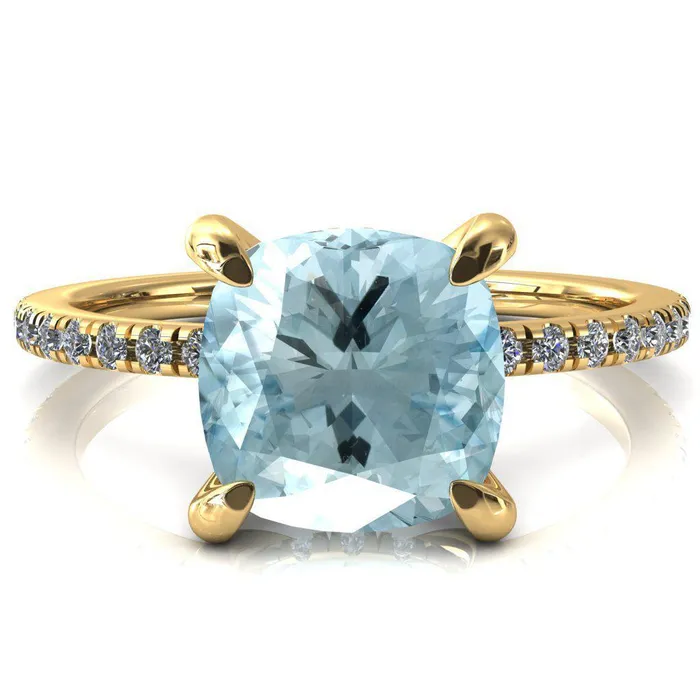 Mayeli Cushion Aqua Blue Spinel 4 Claw Prong Micro Pave Diamond Sides Engagement Ring Fire Brilliance Rings