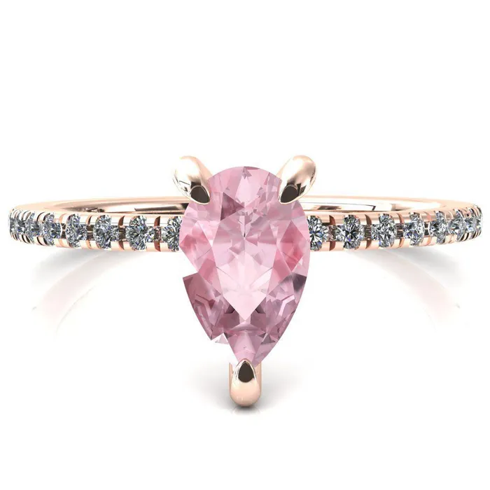 Mayeli Pear Pink Sapphire 3 Claw Prong Micro Pave Diamond Sides Engagement Ring Fire Brilliance Rings