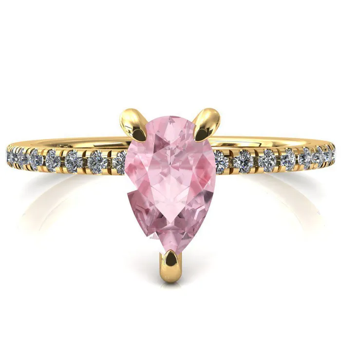 Mayeli Pear Pink Sapphire 3 Claw Prong Micro Pave Diamond Sides Engagement Ring Fire Brilliance Rings
