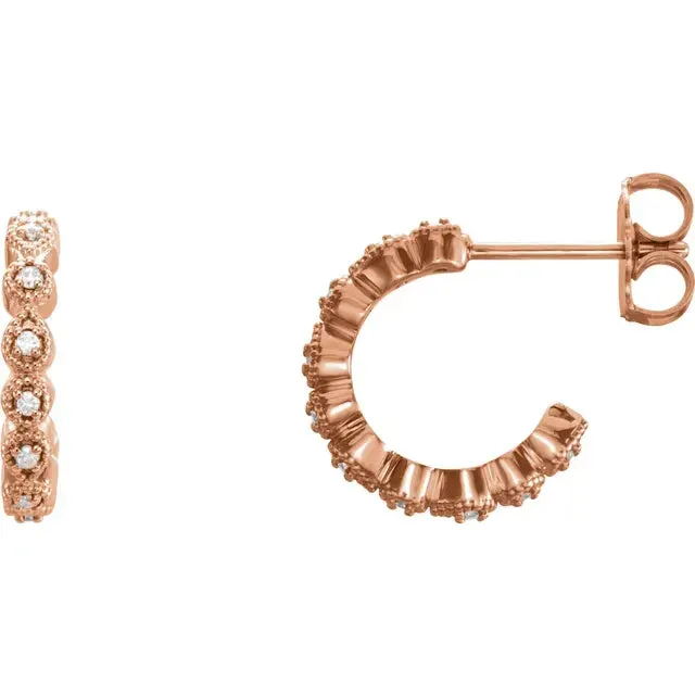 Milgrain and Diamond Accented Huggies Hoop Earrings Fire Brilliance Earrings