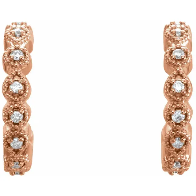 Milgrain and Diamond Accented Huggies Hoop Earrings Fire Brilliance Earrings