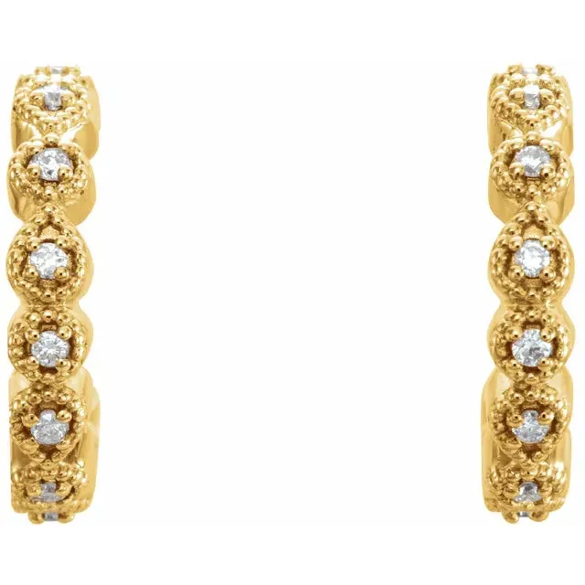 Milgrain and Diamond Accented Huggies Hoop Earrings Fire Brilliance Earrings