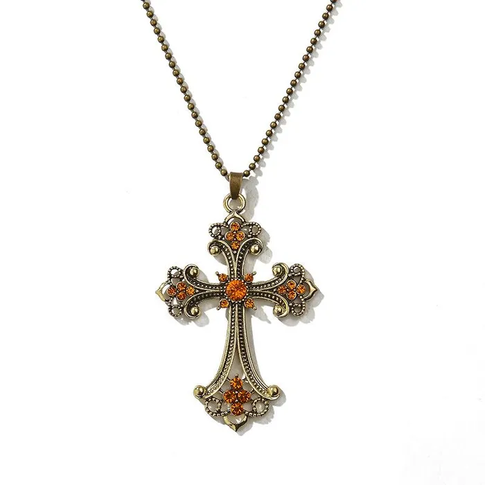 N1354 Bronze Cross with Orange Rhinestones Necklace with FREE Earrings 01 Necklaces N1354 Bronze Cross with Orange Rhinestones Necklace with FREE Earrings 01 Necklaces