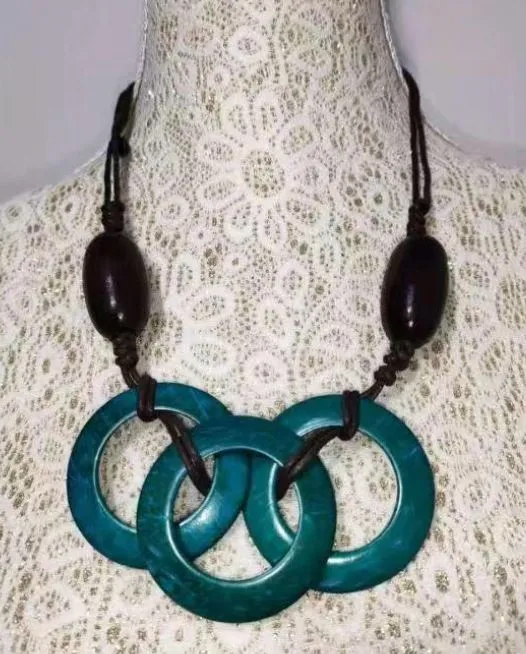 N1818 Brown Turquoise Triple Ring Wooden Necklace with FREE Earrings polly Necklaces