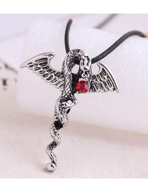 N1847 Dragon Red Gemstone on Leather Cord Necklace 02 Necklaces