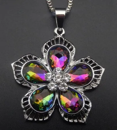 N1883 Silver Multi Color Iridescent Gemstone Flower Necklace with FREE Earrings POLLY Necklaces N1883 Silver Multi Color Iridescent Gemstone Flower Necklace with FREE Earrings POLLY Necklaces