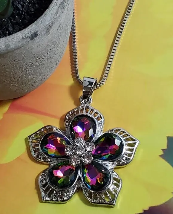 N1883 Silver Multi Color Iridescent Gemstone Flower Necklace with FREE Earrings POLLY Necklaces