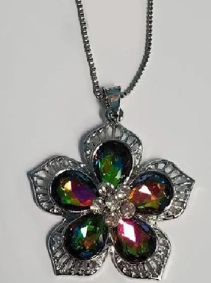 N1883 Silver Multi Color Iridescent Gemstone Flower Necklace with FREE Earrings POLLY Necklaces
