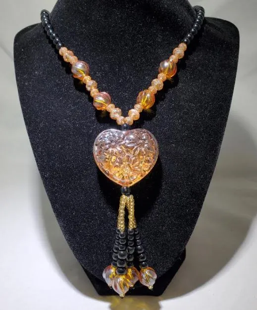 N2111 Champagne Heart Glass Long Necklace With Free Earrings polly Necklaces