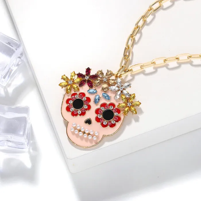 N2136 Gold Gemstone Decorated Sugar Skull Necklace with FREE Earrings 01 Necklaces