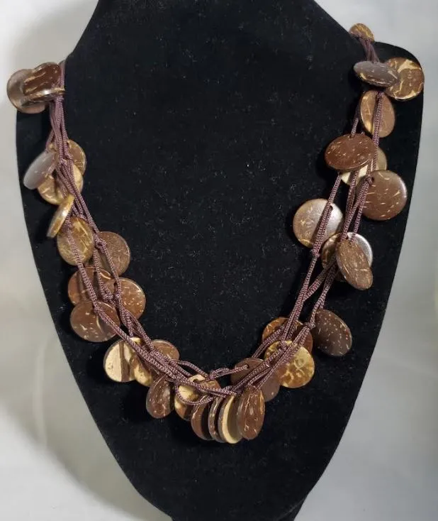 N2194 Brown Wooden Disks Necklace with FREE EARRINGS polly Necklaces