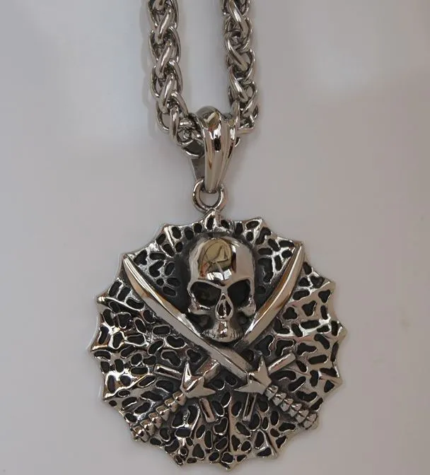 N547 Silver Skulls with Swords Pendant Necklace POLLY Necklaces