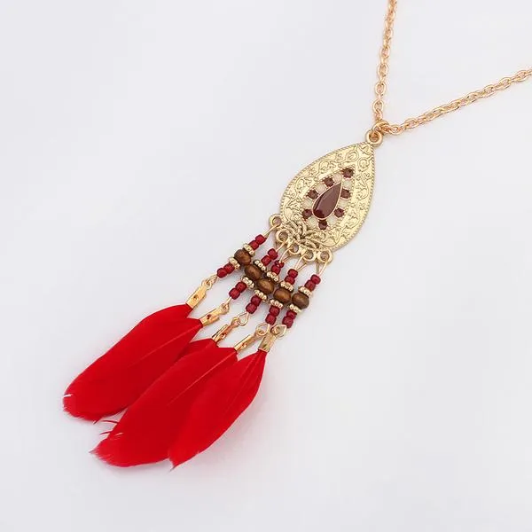Necklaces 01 N1124 Red Feather Tribal Baked Enamel Bead Tassel Necklace with FREE Earrings Necklaces 01 N1124 Red Feather Tribal Baked Enamel Bead Tassel Necklace with FREE Earrings