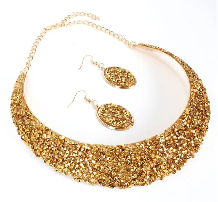 Necklaces 01 N1933 Gold Rhinestone Bib Style Necklace with FREE Earrings
