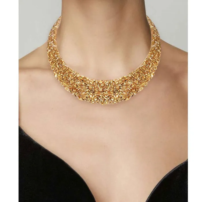 Necklaces 01 N1933 Gold Rhinestone Bib Style Necklace with FREE Earrings