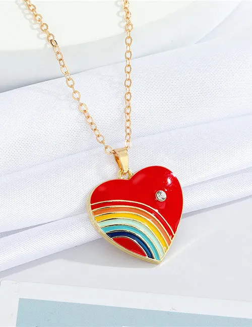 Necklaces 02 L209 Gold Red Heart Rainbow Necklace FREE EARRINGS