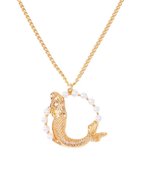 Necklaces 02 N1231 Gold Mermaid with Pearls Necklace With FREE Earrings