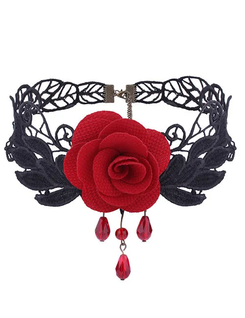 Necklaces 02 N1708 Red Rose with Gems Choker Necklace With FREE Earrings
