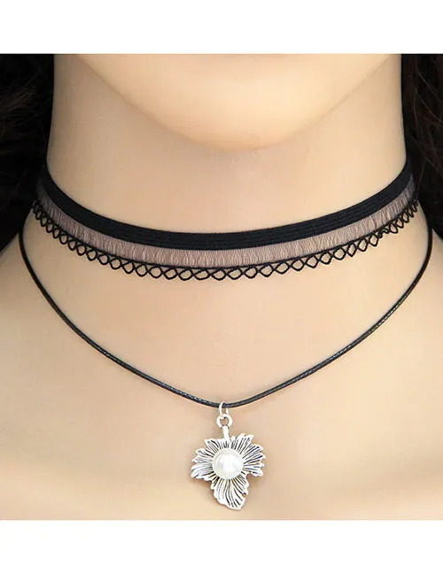 Necklaces 02 N374 Black Layered Lace Choker with Leaf Pearl Necklace with FREE Earrings Necklaces 02 N374 Black Layered Lace Choker with Leaf Pearl Necklace with FREE Earrings