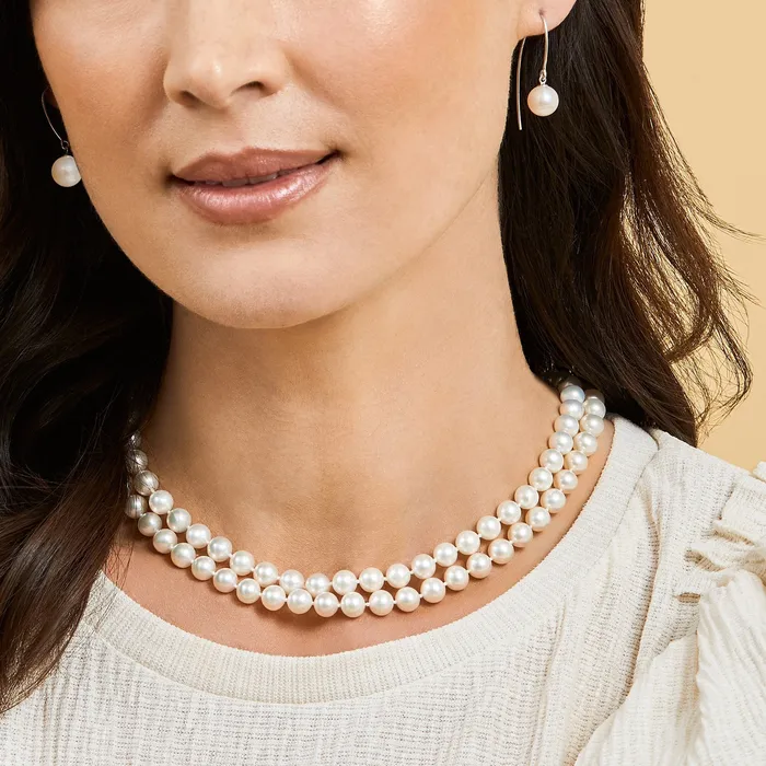 Necklaces 7075mm White Freshwater Pearl Double Strand Necklace SPT