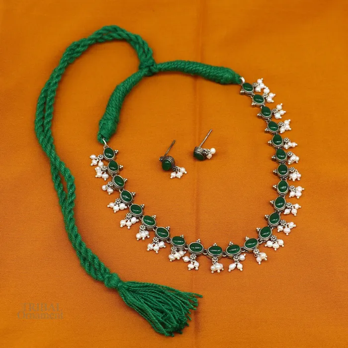 Necklaces 925 sterling silver handmade gorgeous green stone stylish pearl design necklace wedding brides charm customized wedding jewelry set282 TRIBAL ORNAMENTS Necklaces 925 sterling silver handmade gorgeous green stone stylish pearl design necklace wedding brides charm customized wedding jewelry set282 TRIBAL ORNAMENTS