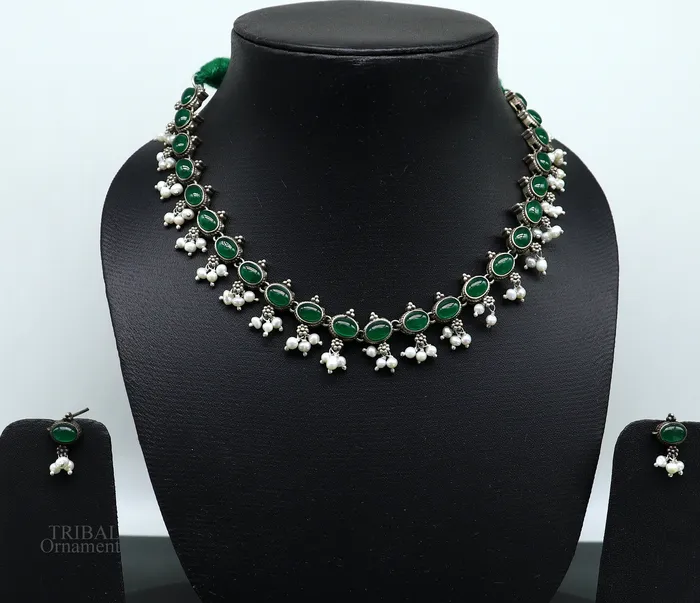 Necklaces 925 sterling silver handmade gorgeous green stone stylish pearl design necklace wedding brides charm customized wedding jewelry set282 TRIBAL ORNAMENTS