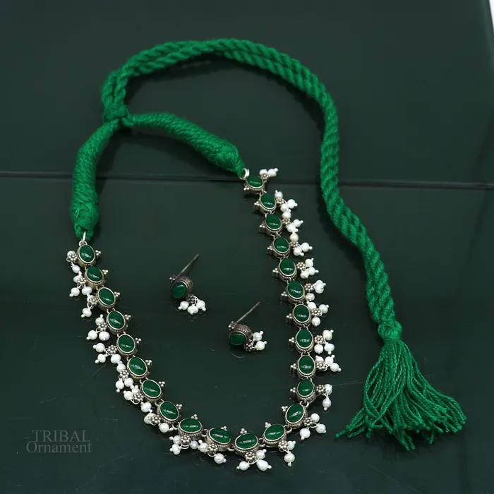 Necklaces 925 sterling silver handmade gorgeous green stone stylish pearl design necklace wedding brides charm customized wedding jewelry set282 TRIBAL ORNAMENTS