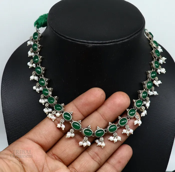 Necklaces 925 sterling silver handmade gorgeous green stone stylish pearl design necklace wedding brides charm customized wedding jewelry set282 TRIBAL ORNAMENTS