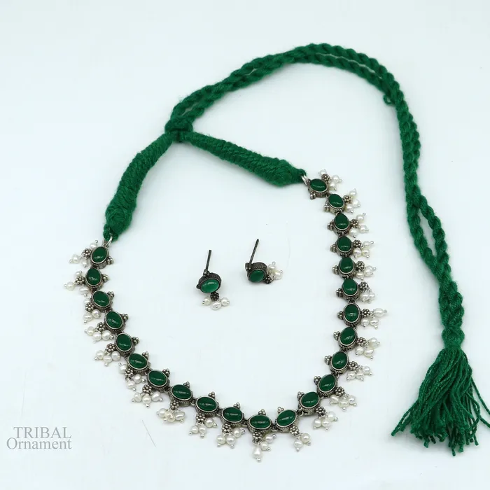 Necklaces 925 sterling silver handmade gorgeous green stone stylish pearl design necklace wedding brides charm customized wedding jewelry set282 TRIBAL ORNAMENTS