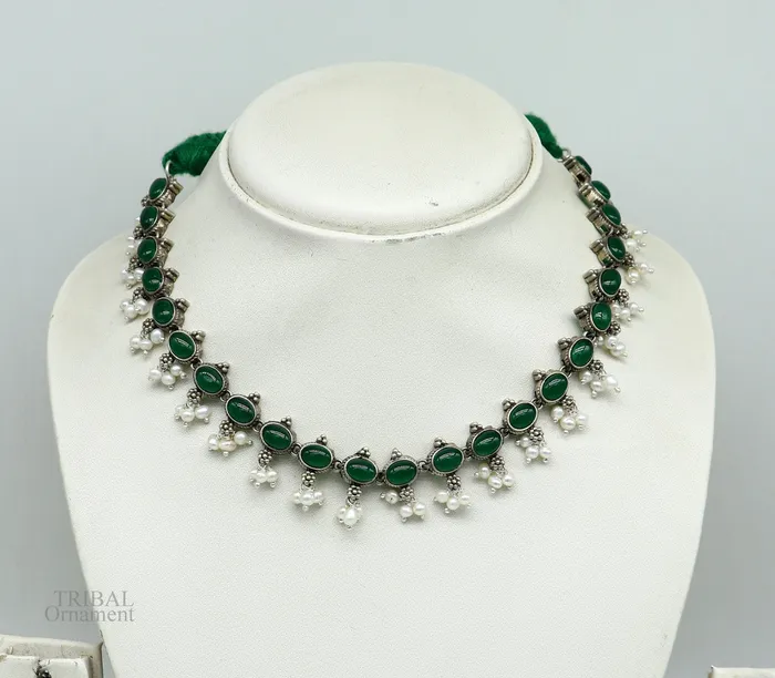 Necklaces 925 sterling silver handmade gorgeous green stone stylish pearl design necklace wedding brides charm customized wedding jewelry set282 TRIBAL ORNAMENTS