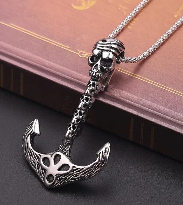Necklaces alice AZ1076 Silver Pirate Skull Anchor Necklace