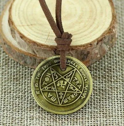 Necklaces alice AZ616 Gold Video Game Coin on Leather Cord Necklace with FREE EARRINGS