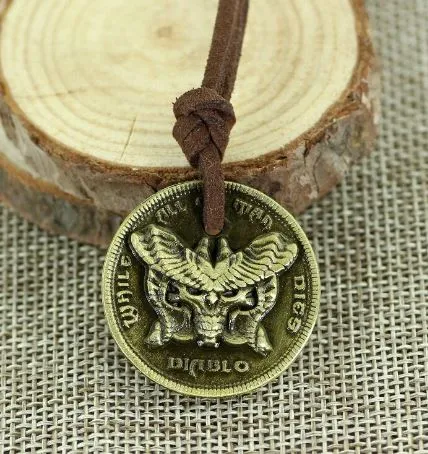Necklaces alice AZ616 Gold Video Game Coin on Leather Cord Necklace with FREE EARRINGS