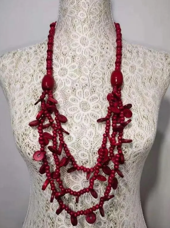 Necklaces N1378 Red Layered Wooden Necklace with FREE Earrings polly