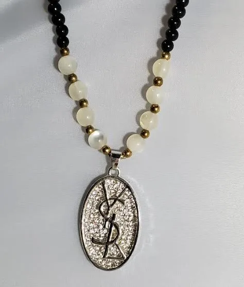 Necklaces polly AZ1529 Silver YSL Rhinestone Pendant Black Bead Necklace with FREE Earrings Necklaces polly AZ1529 Silver YSL Rhinestone Pendant Black Bead Necklace with FREE Earrings