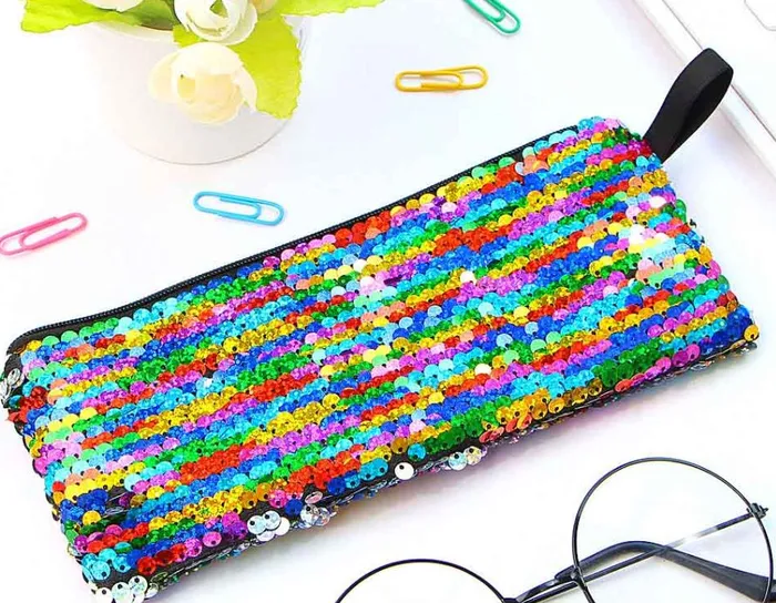 Necklaces Polly L149 Iridescent Multi Color Silver Sequin Pencil Storage Bag