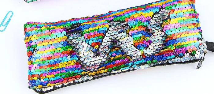 Necklaces Polly L149 Iridescent Multi Color Silver Sequin Pencil Storage Bag
