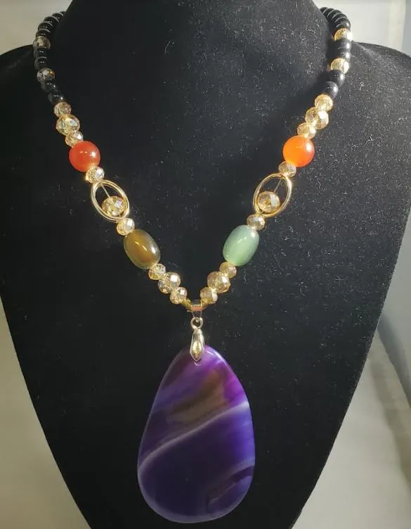 Necklaces polly N2235 Black Bead Purple Glass Pendant Necklace with Free Earrings Necklaces polly N2235 Black Bead Purple Glass Pendant Necklace with Free Earrings
