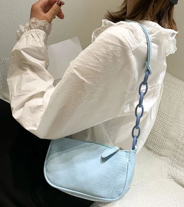 Necklaces polly PB88 Light Blue Crocodile Pattern Chain Accent Purse Necklaces polly PB88 Light Blue Crocodile Pattern Chain Accent Purse