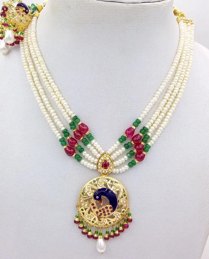Necklaces TRIBAL ORNAMENTS 22k Peacock pearl necklace and Earrings beautiful enamel ruby emerald stones 916 hallmark Necklaces TRIBAL ORNAMENTS 22k Peacock pearl necklace and Earrings beautiful enamel ruby emerald stones 916 hallmark