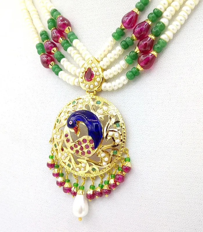 Necklaces TRIBAL ORNAMENTS 22k Peacock pearl necklace and Earrings beautiful enamel ruby emerald stones 916 hallmark
